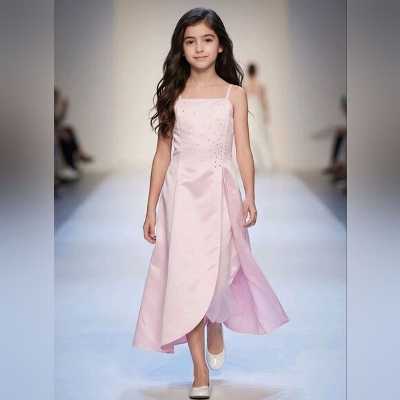 Marshmallow Other - Pink Satin Flower Girl Dress Girls 8 Rhinestone Lace Up Formal Wedding Easter